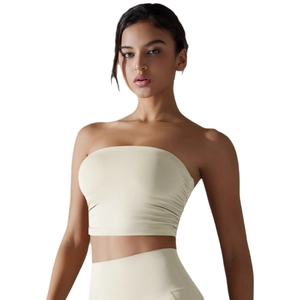 Beige tube top yoga set with side ruching and high waisted leggings for fitness