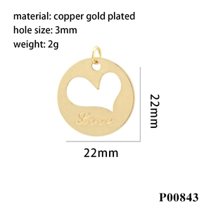 Detail of 22mm copper gold plated heart pendant with Love engraving and size specs