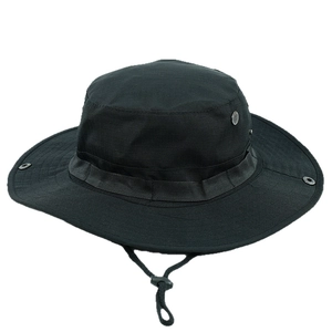 Black boonie hat with wide brim, side vents, and adjustable drawstring for outdoor hiking