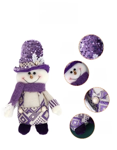 Detail view of purple sequined fabric and plush textures on the Santa doll ornament