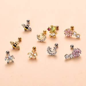 Set of bee and butterfly stainless steel stud earrings with shimmering zircon stones