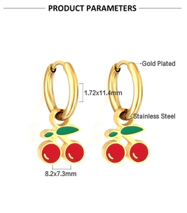 Detailed dimensions of gold plated stainless steel cherry earrings with red enamel
