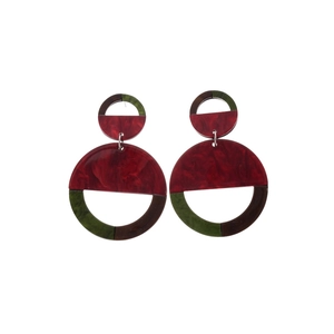 Geometric acrylic drop earrings with marble pattern in deep red and forest green contrast