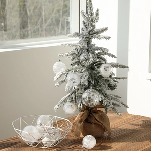 6cm clear white snowflake Christmas balls set with mini flocked tree in rustic burlap