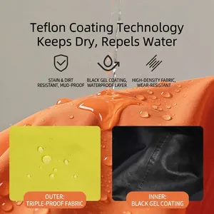 Waterproof dog raincoat fabric with Teflon coating showing water droplets on orange surface