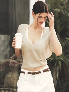 Summer chic women's V-neck beige blouse and white straight pants set for urban leisure