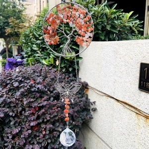 Handmade Tree of Life suncatcher with red agate stones and a faceted crystal prism ball