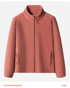 Detail of brick red fleece jacket showing stand collar, full zip and thermal texture