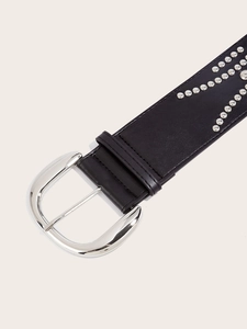Detail of black PU leather belt with silver D-ring buckle and star rivet studs