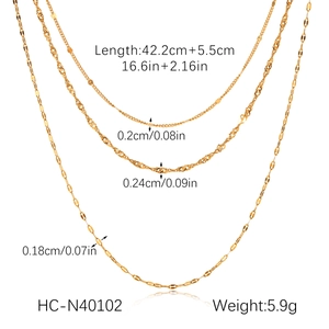 Detailed view of 18K gold plated triple layered stainless steel necklace with dimensions