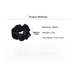 Detailed specs of the blue polka dot fabric scrunchie, weight 27g and size 17x17cm