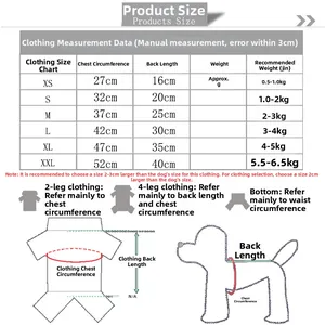Size chart for pet winter clothing with chest and back length measurement guide