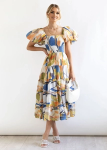 Detail of colorful abstract print midi dress with puff sleeves and tiered skirt layers