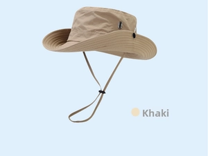 Detail of khaki hiking hat with wide brim, metal eyelets, and adjustable chin strap