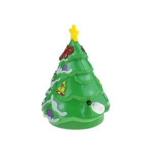 Wind-up walking Christmas tree toy with colorful ornaments and star topper on white background