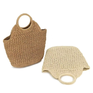 Handmade woven straw tote bag in khaki and beige tones for beach vacations and summer