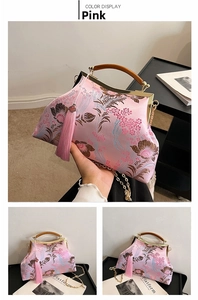 Pink Chinese embroidery handbag with vintage floral pattern and elegant wooden handle