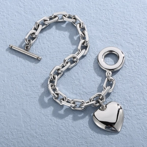 Silver stainless steel OT buckle chunky chain bracelet featuring a heart pendant charm