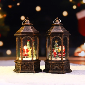 Retro Christmas LED snow globe lanterns featuring Santa Claus and tree for festive holiday decor.
