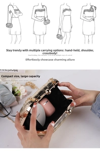 Gold shimmering evening clutch bag showing multiple carrying ways and interior capacity