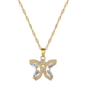 Elegant gold hollow butterfly pendant necklace with zircon crystals on fishbone chain