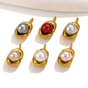 Set of six gold pea pod stainless steel pendants with multi-color pearls for DIY jewelry