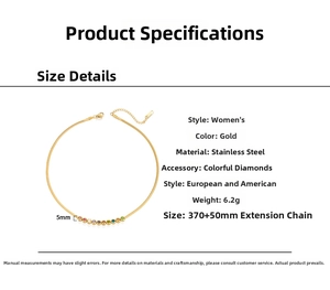 Detail of 18K gold stainless steel snake chain with rainbow crystals and lobster clasp