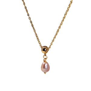 Elegant gold titanium necklace featuring a pink freshwater pearl teardrop pendant