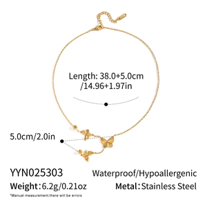 Detailed technical spec sheet for a gold stainless steel butterfly necklace with 14K stamp