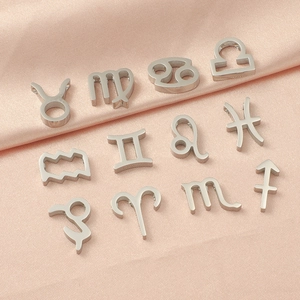 Polished stainless steel 12 zodiac charms on pink satin for DIY jewelry projects