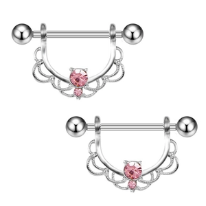 Détail de bijoux de téton en forme de cœur avec cristaux roses en acier inoxydable argenté