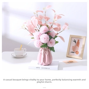 Pink geometric ceramic vase with faux eucalyptus and chrysanthemums set