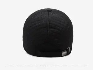 Rear view of men's winter cap showing quilted fabric texture and adjustable metal buckle