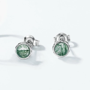 Minimalist S925 sterling silver stud earrings with oval natural green moss agate stones