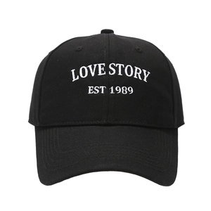 Classic black cotton baseball cap with white LOVE STORY 1989 embroidery for women