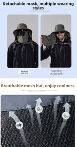 Detail of outdoor sun hat featuring breathable mesh fabric and detachable face mask