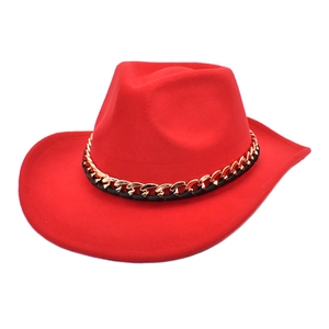 Red wool felt western cowboy hat with wide brim and decorative golden chain detail
