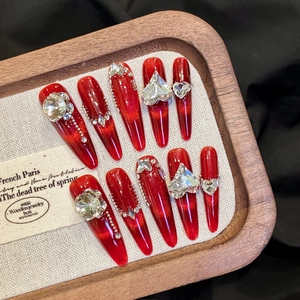 Unghie Finte a Pressione Rosse Occhio di Gatto Fatte a Mano Stiletto Cuore Strass Lussuose Estensioni Unghie per Feste Donna
