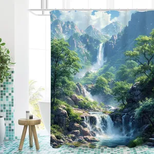 Macro detail of waterproof polyester shower curtain with 3D waterfall and mountain landscape