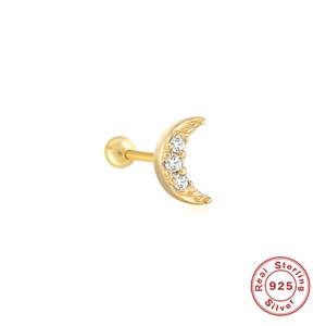Golden 925 sterling silver crescent moon stud earrings with sparkling crystals