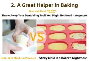 Macro detail showing non-stick silicone mold versus sticky mold for baking