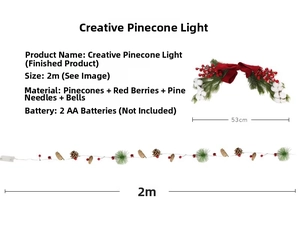 Detailed 2m Christmas pinecone garland light string with red berries and bells on white back