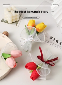 Close-up of mini artificial tulip bouquet in lace net packaging with silk ribbon detail