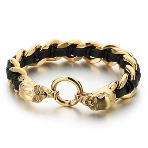 Skull Stainless Steel Bracelet Men Braided Leather Punk Gothic Hip Hop Retro Style Spring Clasp Jewelry