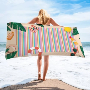 Quick-dry rectangular beach towel featuring colorful stripes and tropical summer elements