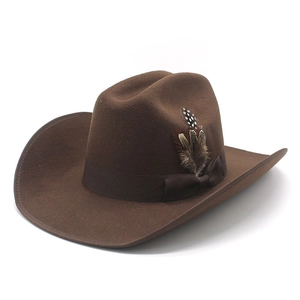 Classic brown wool felt western cowboy hat with side feather detail and satin band decor