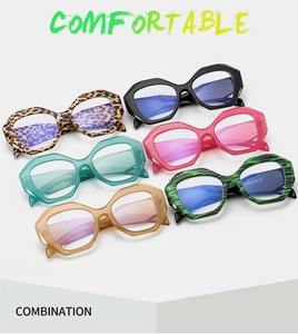 Collection of six polygon blue light glasses frames in leopard, black, pink and amber