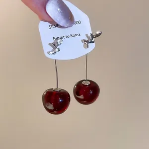 Orecchini Pendenti Ciliegia In Resina E Foglie In Lega Con Perno In Argento Gioielli Retrò Dolce Per Donna