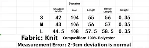 Size chart for diamond pattern knit sweater with detailed sleeve and shoulder measurements