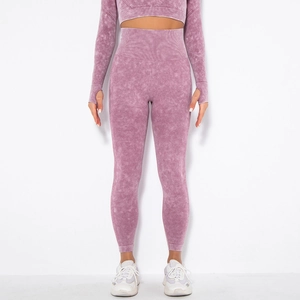 Detail of lavender seamless knit yoga set featuring thumbhole cuffs and high waist texture